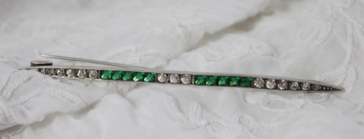 Silver Barrette Brooch With White And Green Stones Circa 1930