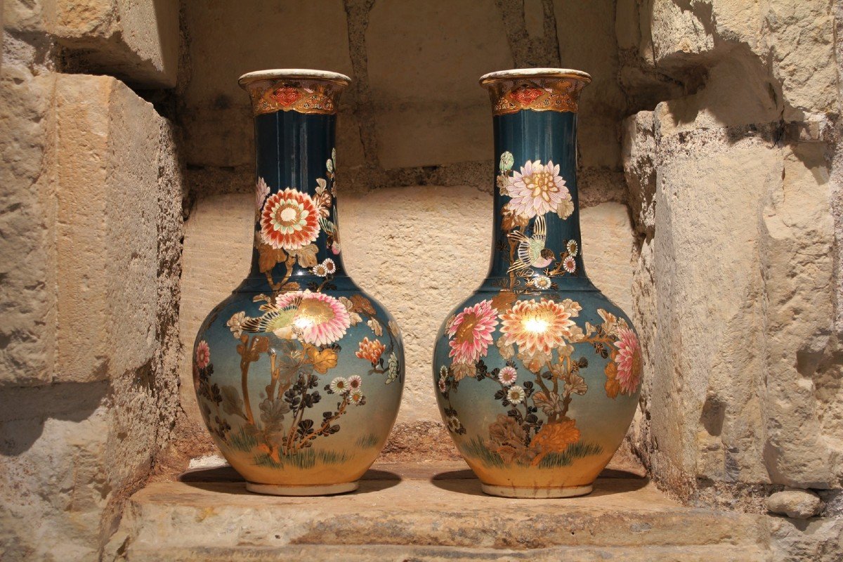 Paire De Vases En Faïence à Fond Bleu à Décor d'Oiseaux Et Fleurs, Satsuma, Japon Vers 1900-photo-4