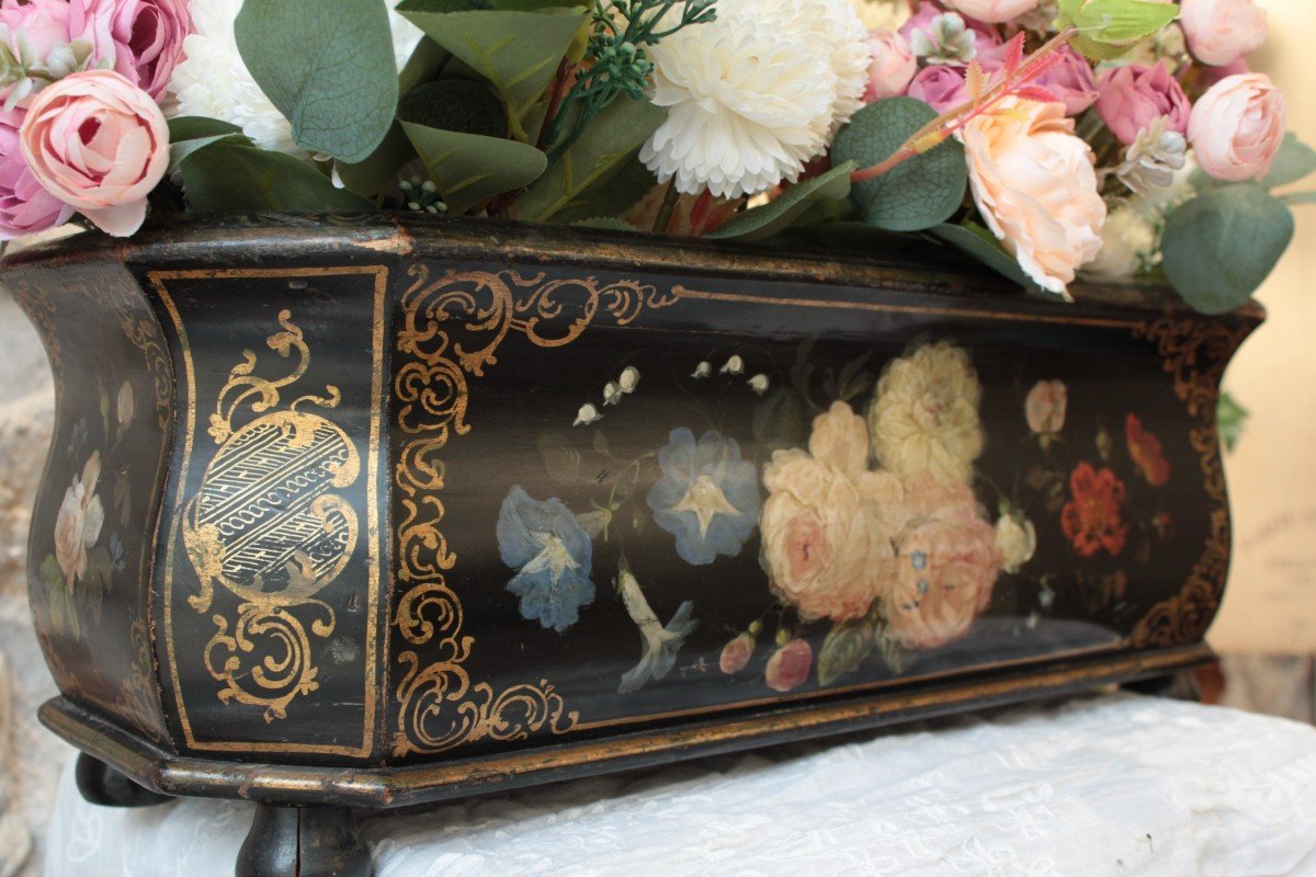 Planter In Blackened And Painted Wood With Flower Decor, Napoleon III Period, Late 19th Century-photo-3