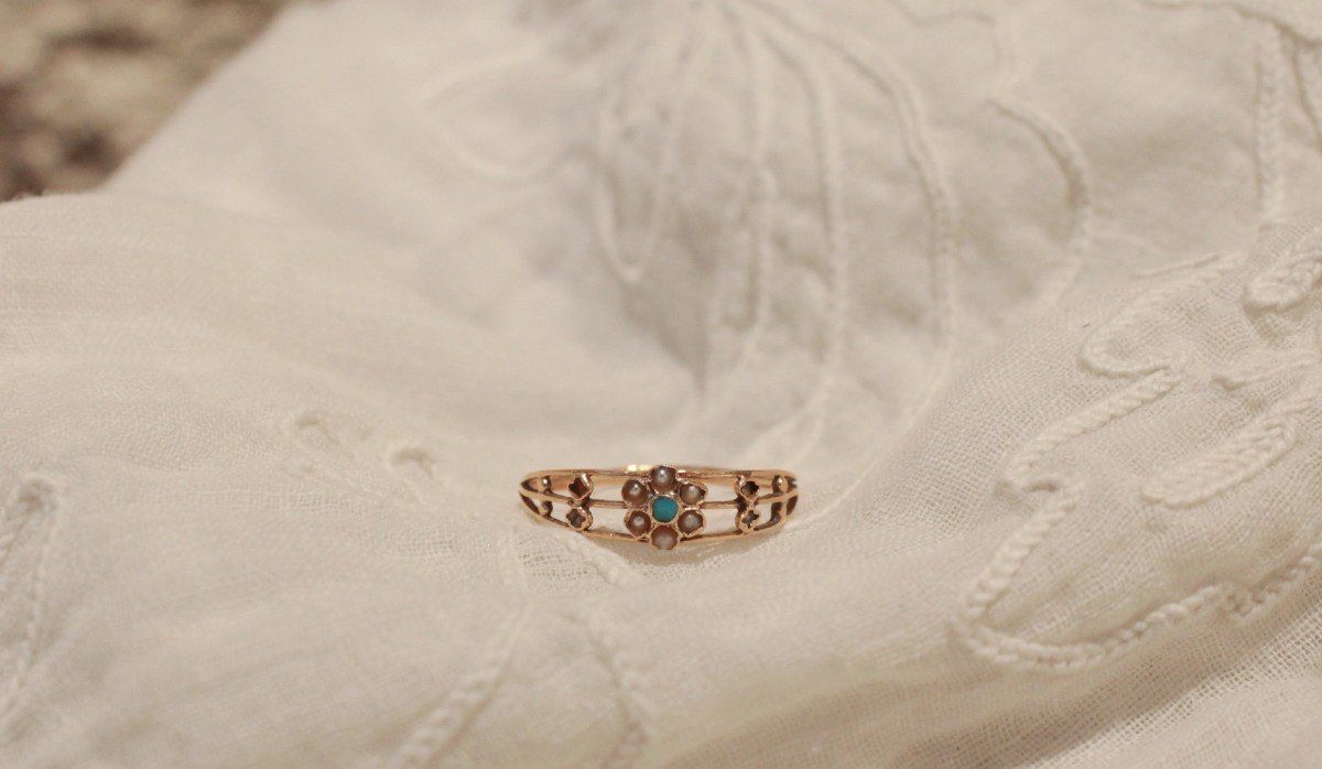 Yellow Gold Ring Half Pearls And Turquoise Early 20th Century Tdd 53-photo-2