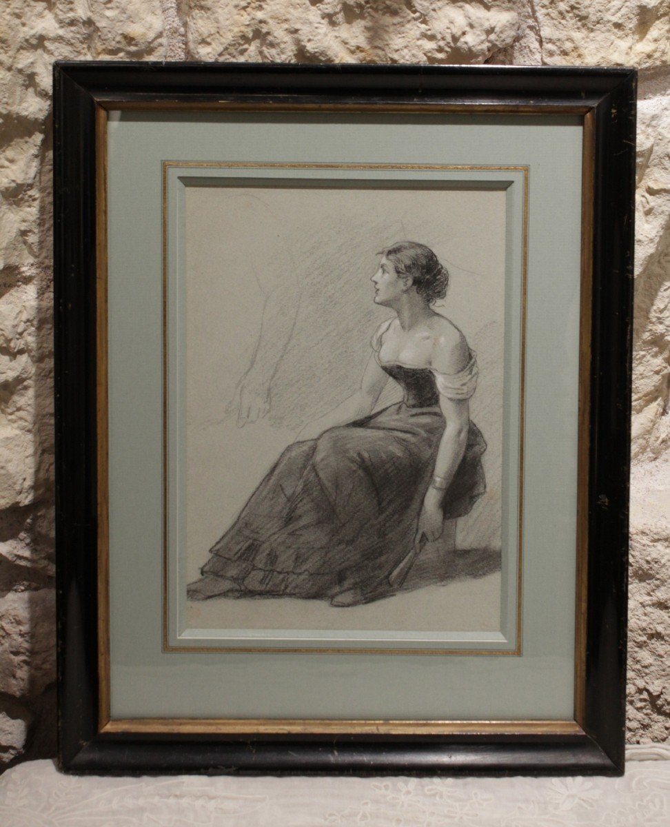 Dessin Au Fusain Et Craie Blanche 'femme Assise à l'éventail' Victor-rené Livache (1872-1944)-photo-2