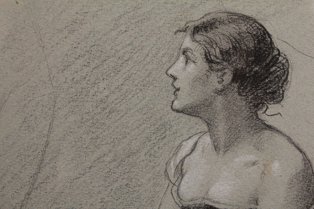 Dessin Au Fusain Et Craie Blanche 'femme Assise à l'éventail' Victor-rené Livache (1872-1944)-photo-1