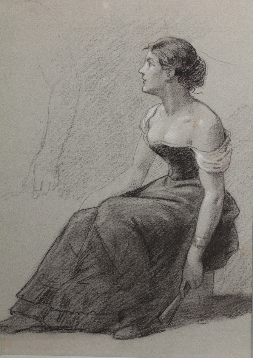 Dessin Au Fusain Et Craie Blanche 'femme Assise à l'éventail' Victor-rené Livache (1872-1944)