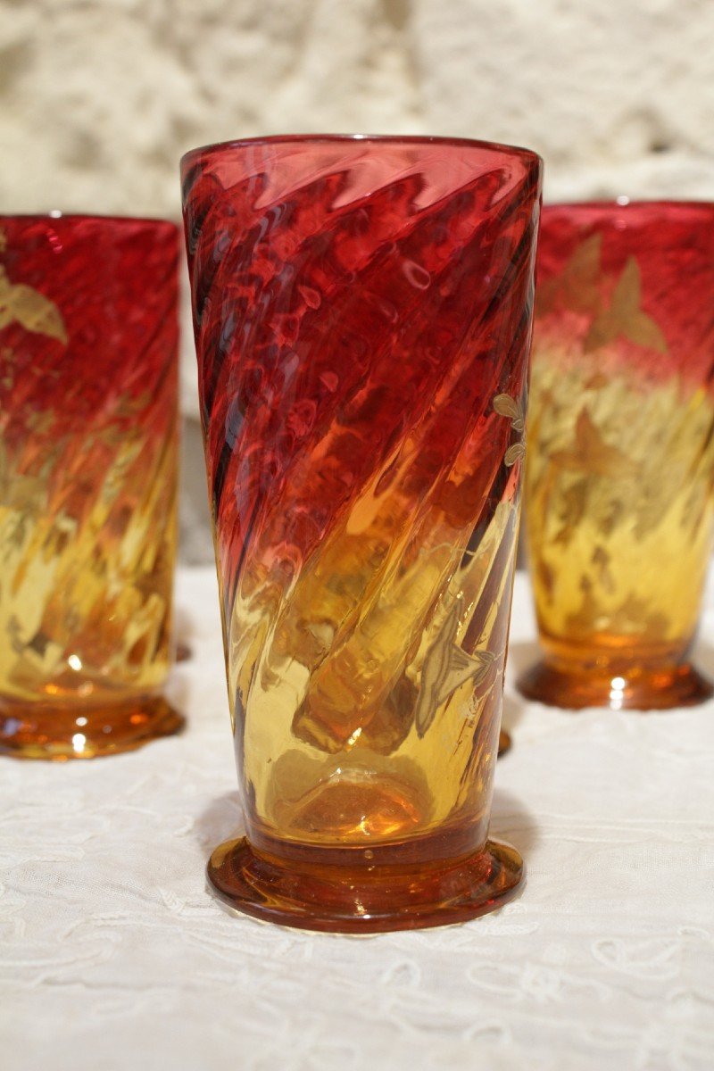 6 Verres En Cristal Coloré Rose Et Jaune Dans Le Goût De Baccarat Début 20ème Siècle-photo-1