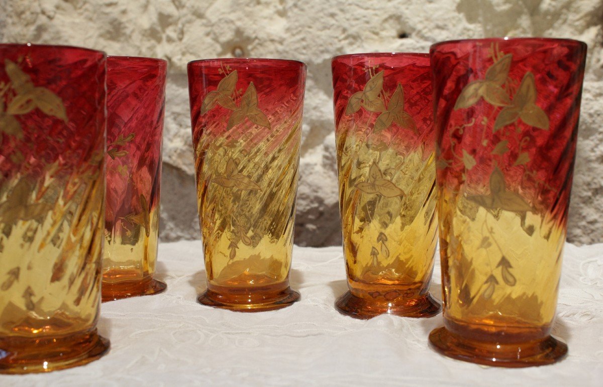 6 Verres En Cristal Coloré Rose Et Jaune Dans Le Goût De Baccarat Début 20ème Siècle-photo-4