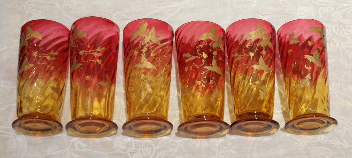 6 Verres En Cristal Coloré Rose Et Jaune Dans Le Goût De Baccarat Début 20ème Siècle-photo-7