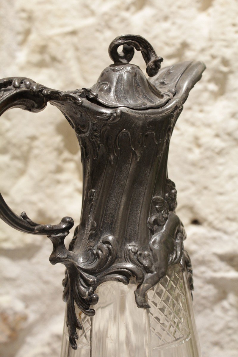 Ewer In Cut Crystal And Pewter Frame Decor With Putti Circa 1900-photo-2