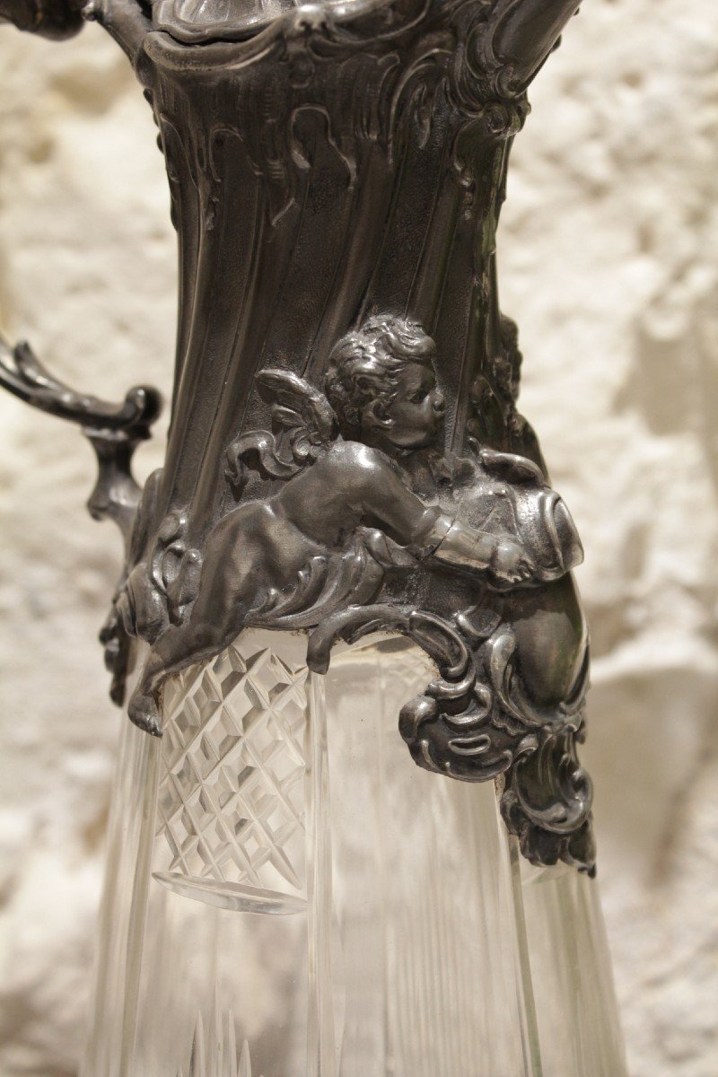 Ewer In Cut Crystal And Pewter Frame Decor With Putti Circa 1900-photo-3