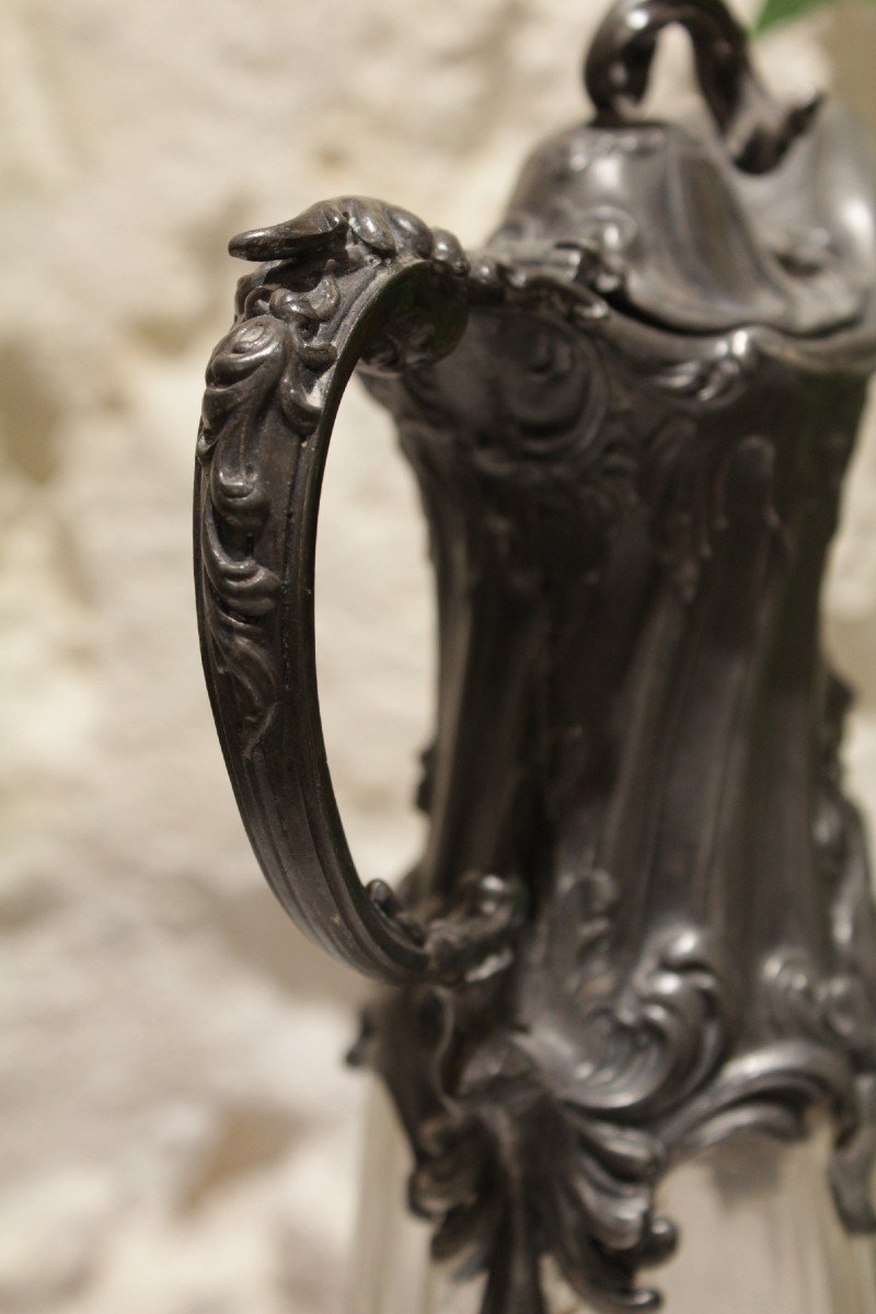 Ewer In Cut Crystal And Pewter Frame Decor With Putti Circa 1900-photo-5