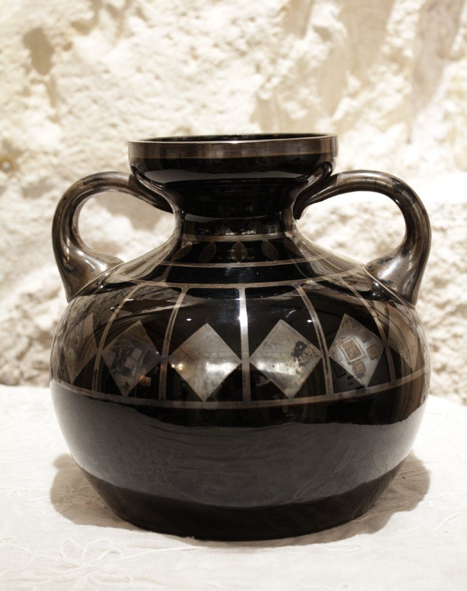 Vase En Verre Noir Et Décor Géométrique Argenté Signé Hem, Michel Herman, Vers 1930-photo-4