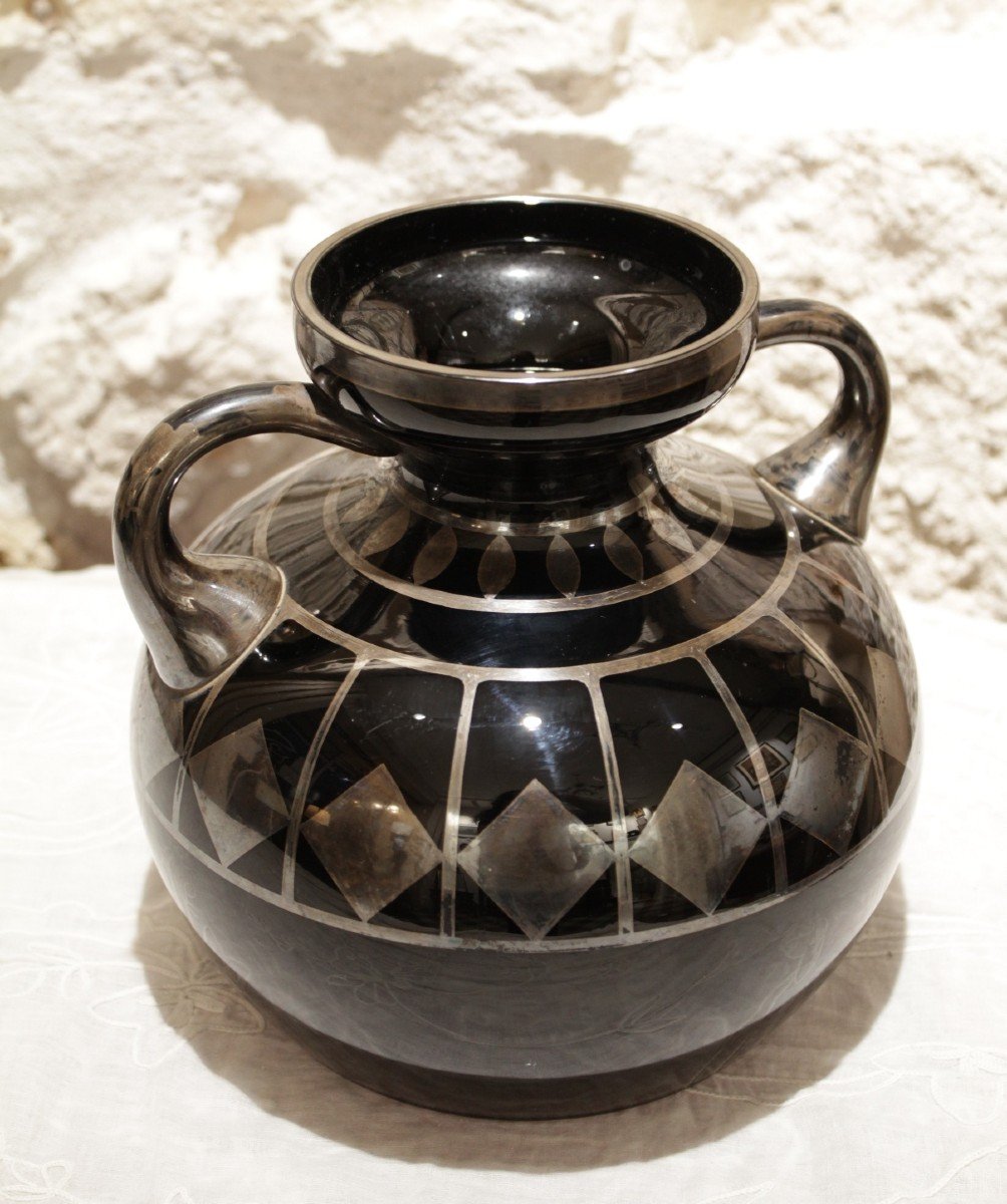 Vase En Verre Noir Et Décor Géométrique Argenté Signé Hem, Michel Herman, Vers 1930-photo-3