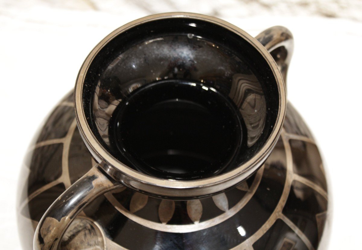 Vase En Verre Noir Et Décor Géométrique Argenté Signé Hem, Michel Herman, Vers 1930-photo-4