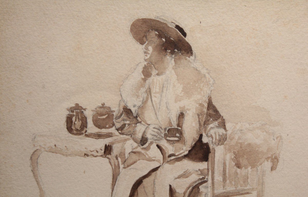Drawing 'woman Seated Drinking Tea' Graphite And Ink Wash Circa 1900-photo-1