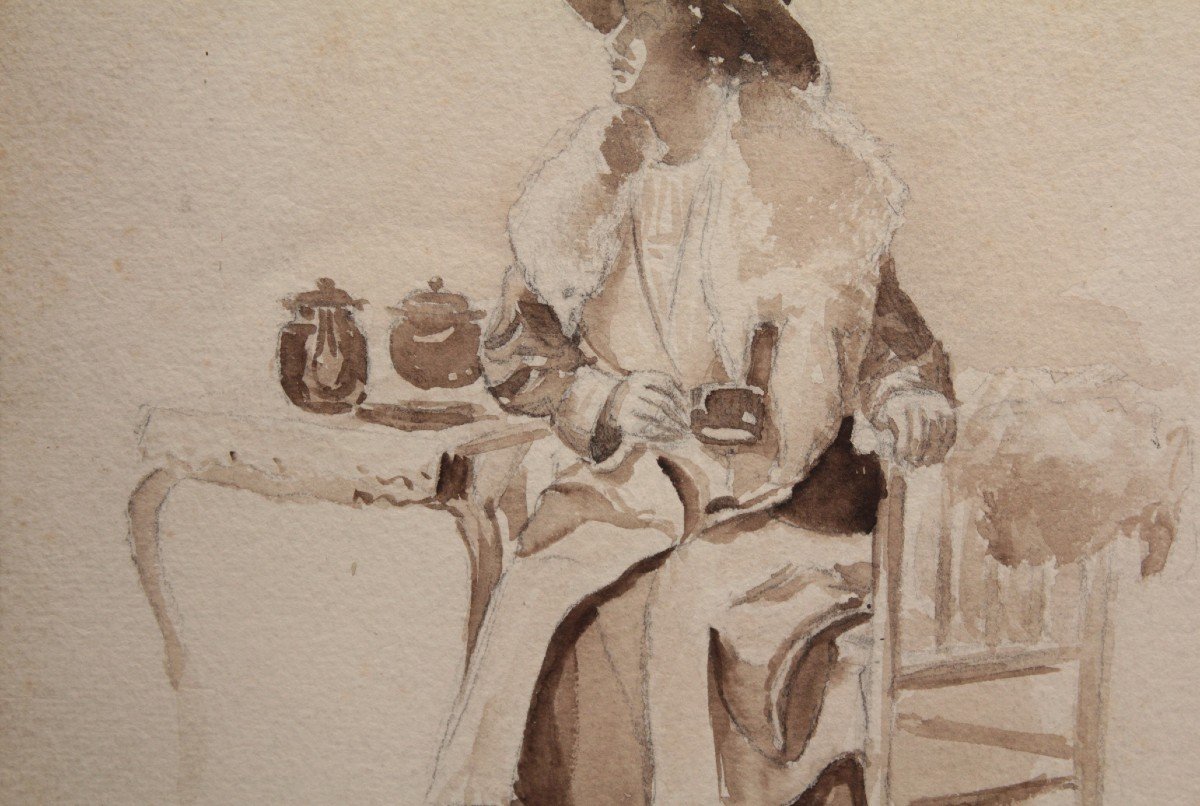 Drawing 'woman Seated Drinking Tea' Graphite And Ink Wash Circa 1900-photo-2