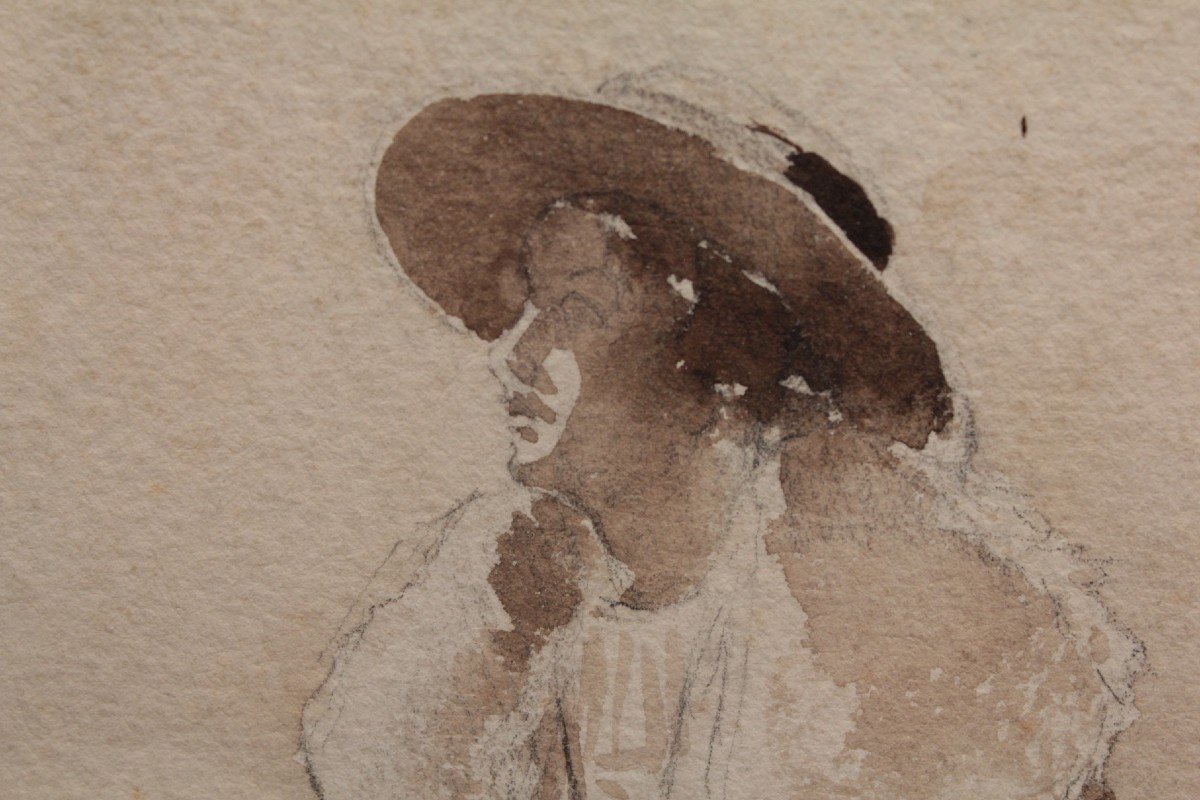 Drawing 'woman Seated Drinking Tea' Graphite And Ink Wash Circa 1900-photo-5