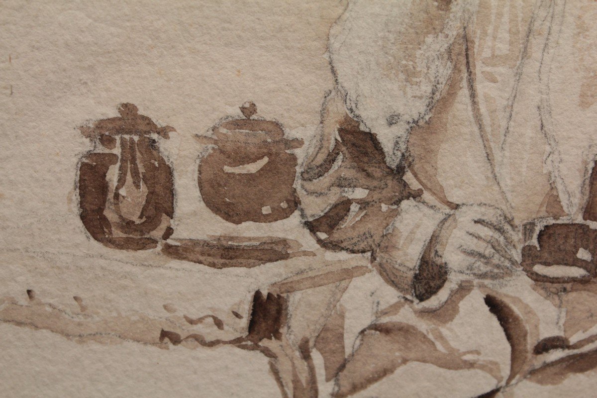 Drawing 'woman Seated Drinking Tea' Graphite And Ink Wash Circa 1900-photo-6
