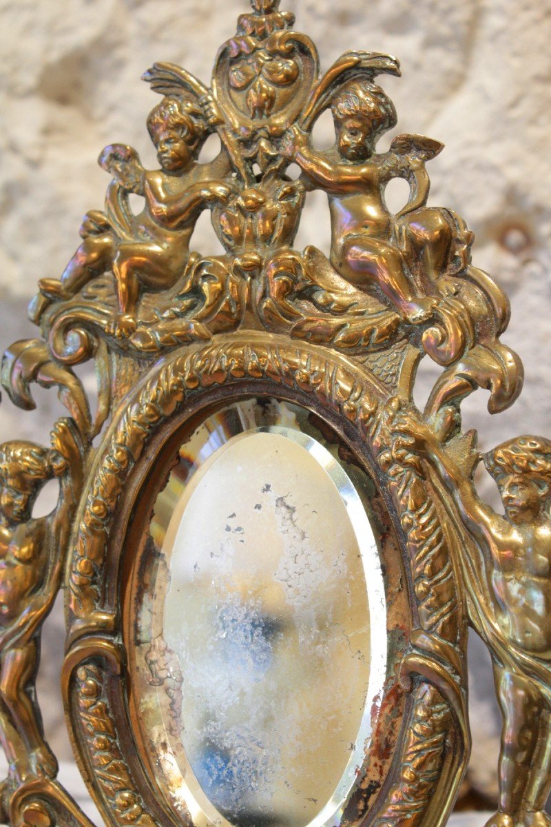 Bronze Mirror Decorated With Cherubs, Ribbons, Flowers And Mascaron Late 19th Century-photo-2