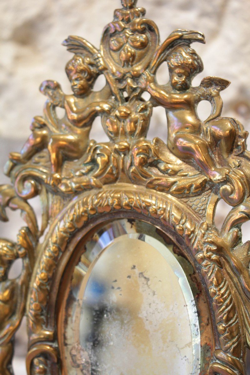 Bronze Mirror Decorated With Cherubs, Ribbons, Flowers And Mascaron Late 19th Century-photo-3