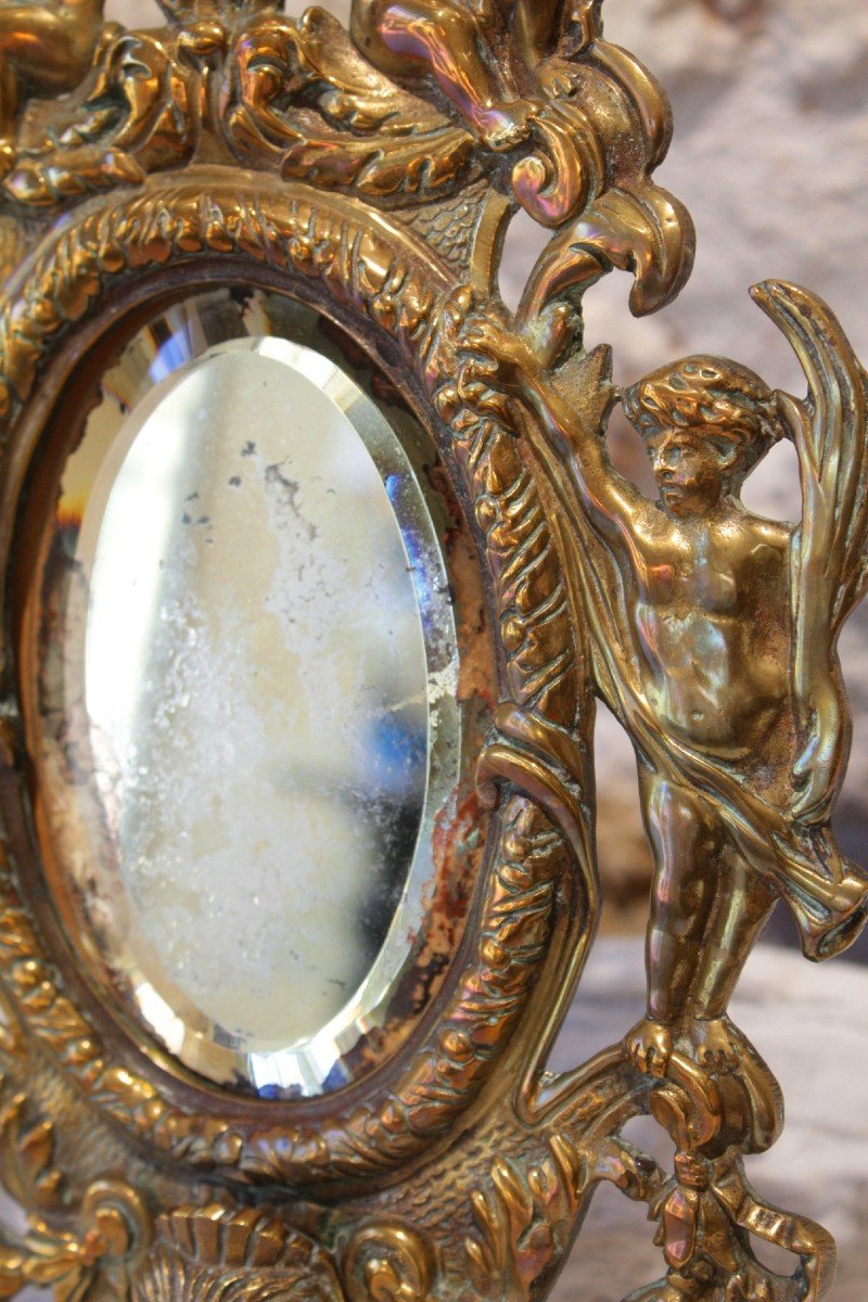 Bronze Mirror Decorated With Cherubs, Ribbons, Flowers And Mascaron Late 19th Century-photo-4