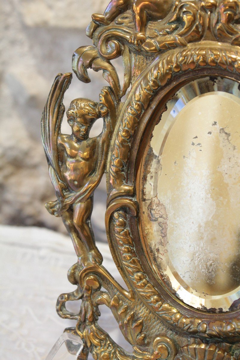 Bronze Mirror Decorated With Cherubs, Ribbons, Flowers And Mascaron Late 19th Century-photo-1