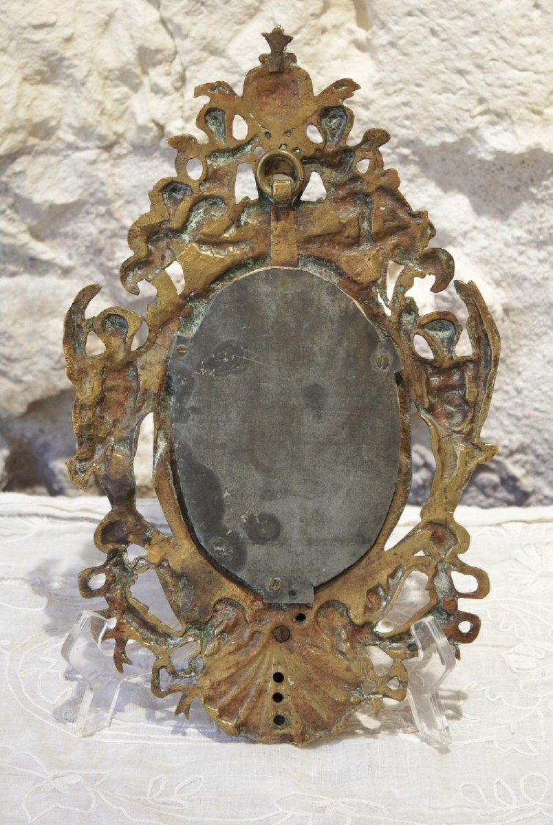 Bronze Mirror Decorated With Cherubs, Ribbons, Flowers And Mascaron Late 19th Century-photo-2