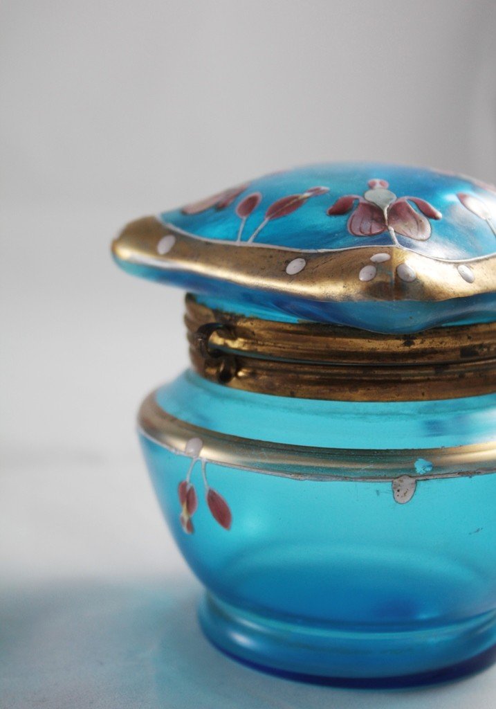 Boîte En Verre Bleu à Décor émaillé Fin 19ème, Début 20ème Siècle-photo-3