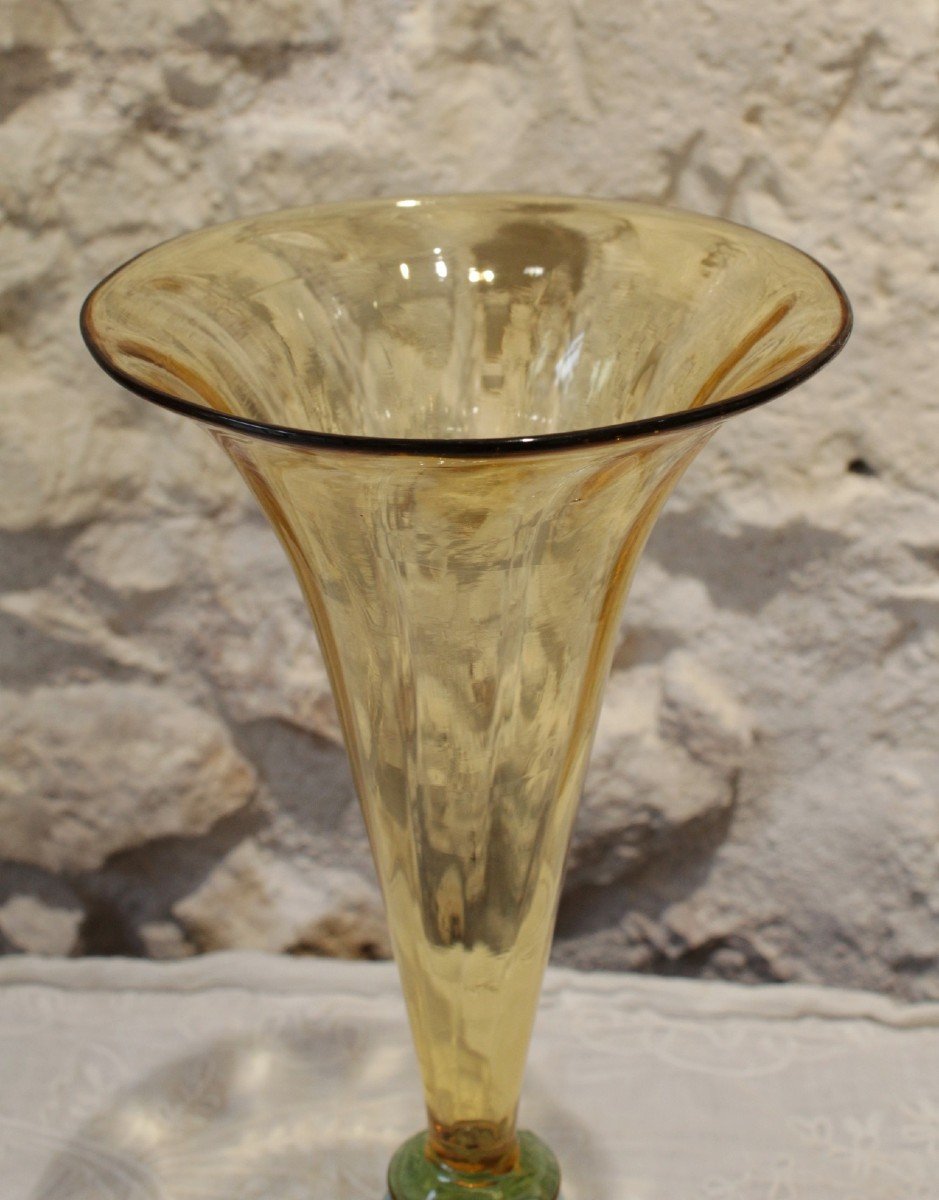 Yellow And Blue Glass Vase, French "cristallerie De Portieux"-photo-2