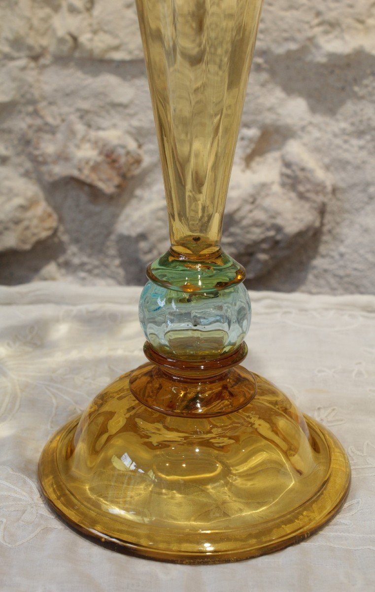 Yellow And Blue Glass Vase, French "cristallerie De Portieux"-photo-3