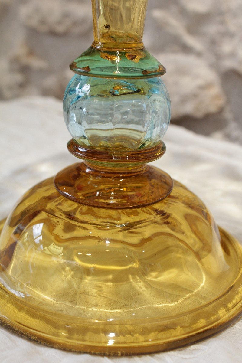 Yellow And Blue Glass Vase, French "cristallerie De Portieux"-photo-4