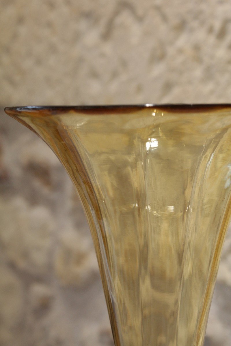 Yellow And Blue Glass Vase, French "cristallerie De Portieux"-photo-3