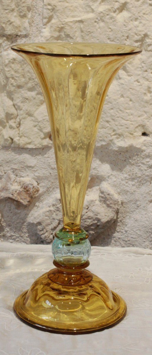 Yellow And Blue Glass Vase, French "cristallerie De Portieux"