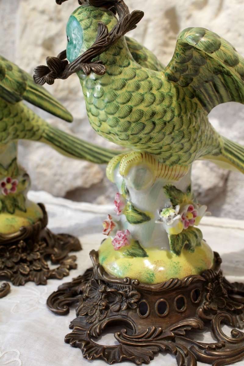 Pair Of Parrot Torches, Earthenware And Bronze Mount, 20th Century Work-photo-6