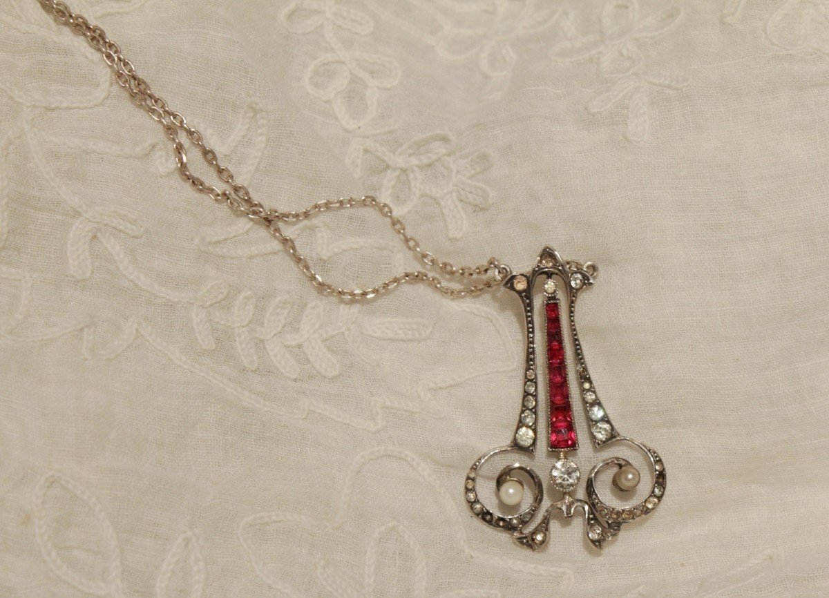 Necklace, Pendant, In Brilliant Sterling Silver, Pearls And Red Stones 20th Century-photo-2