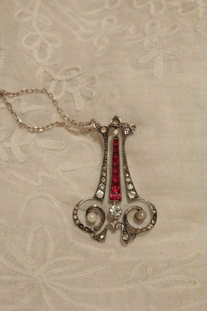 Necklace, Pendant, In Brilliant Sterling Silver, Pearls And Red Stones 20th Century-photo-3