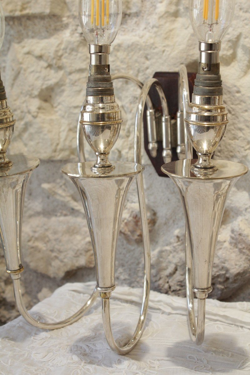 Pair Of Silver Metal Wall Sconces 1940-1950-photo-3