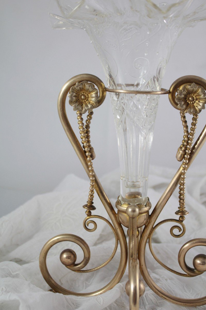 Glass Cornet Vase With Gilded Metal Frame Circa 1900-photo-3
