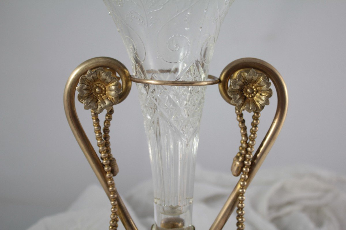 Glass Cornet Vase With Gilded Metal Frame Circa 1900-photo-1
