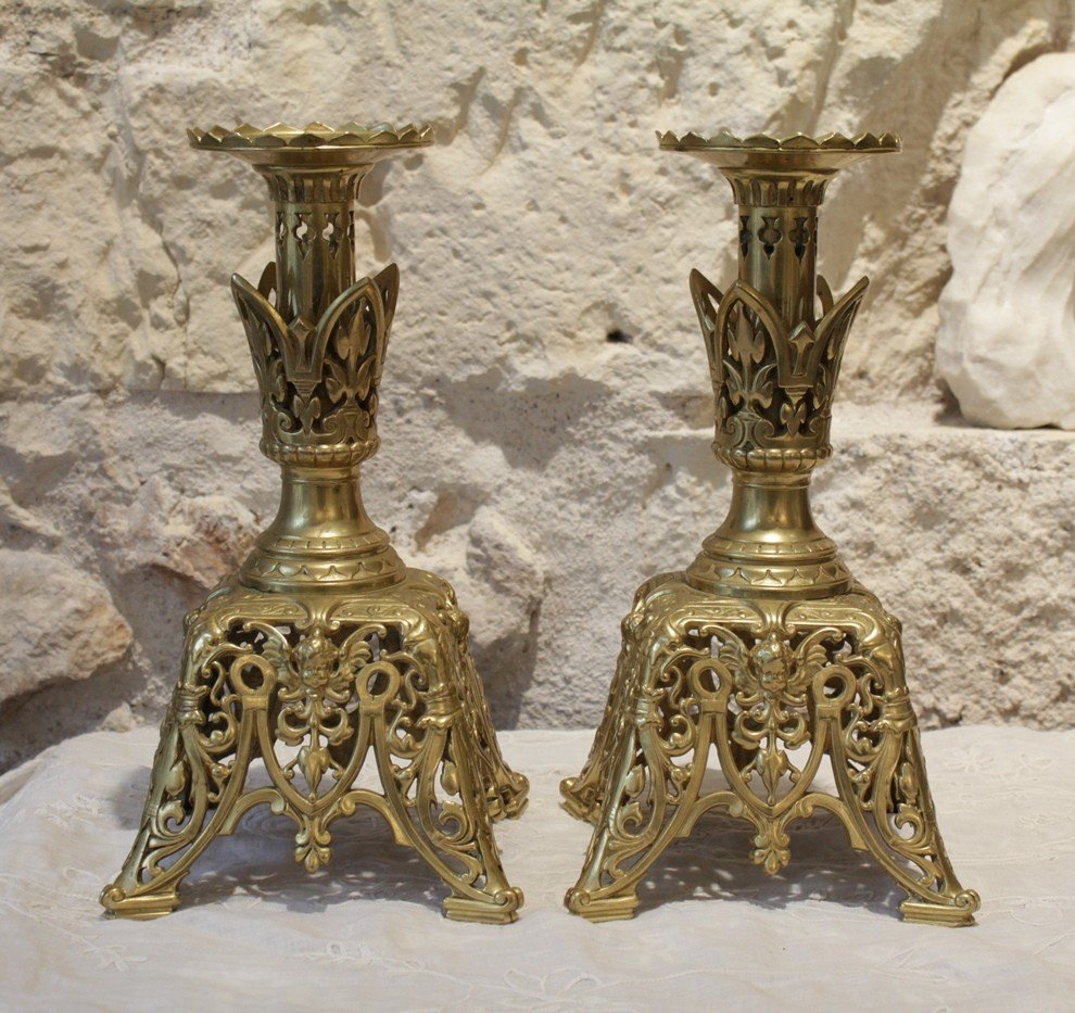 Paire De Bougeoirs En Bronze Doré à Décor d'Angelots Fin 19ème Siècle -photo-2