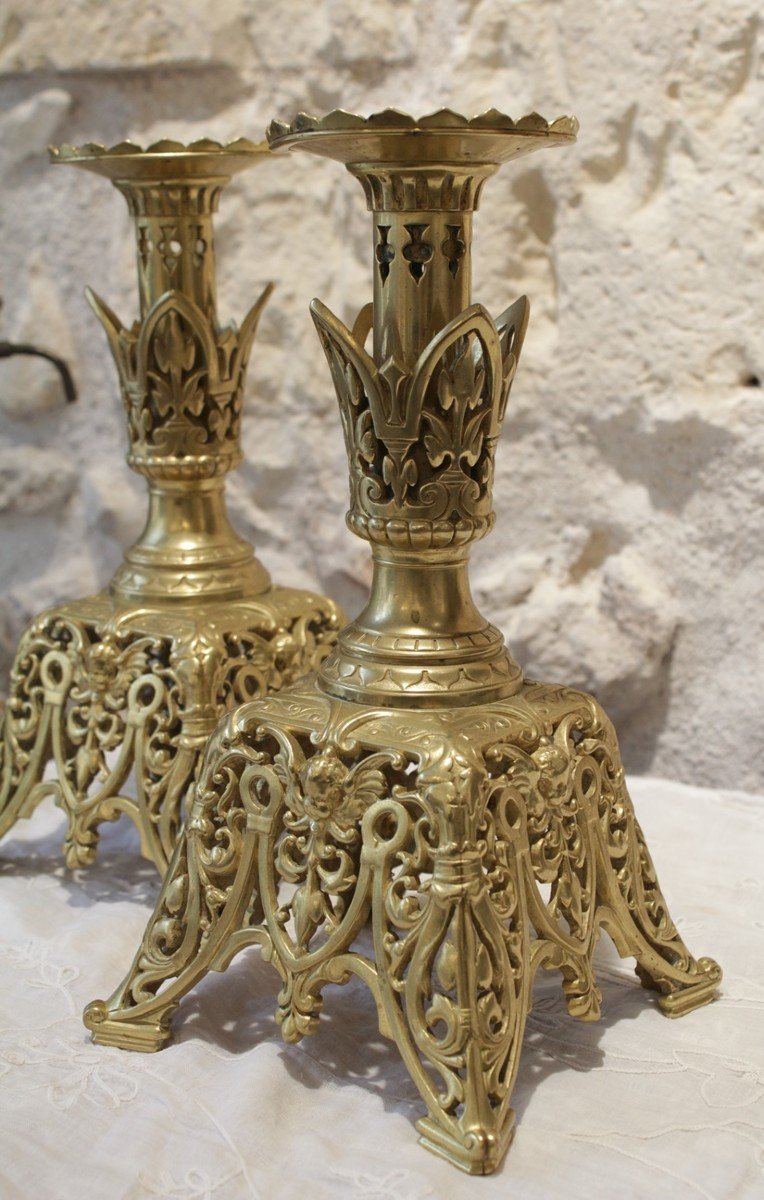 Paire De Bougeoirs En Bronze Doré à Décor d'Angelots Fin 19ème Siècle -photo-3