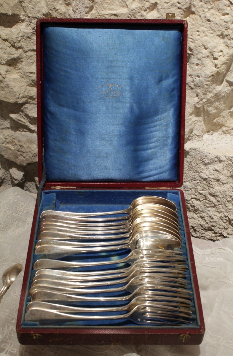 Coffret Ménagère 8 Couverts uniplat En Métal Argenté Cailar Bayard Début 20ème Siècle