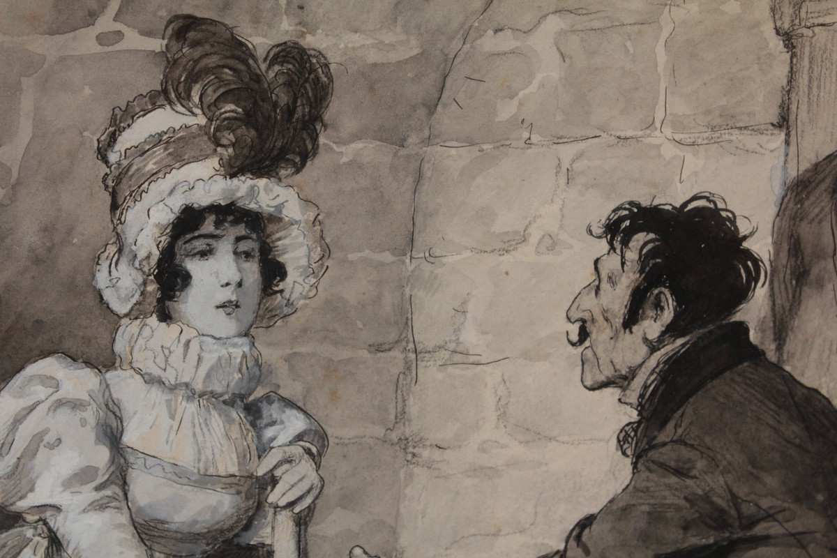 Ink And Gouache Drawing 'the Visit' By Edouard François Zier (1856-1924)-photo-3