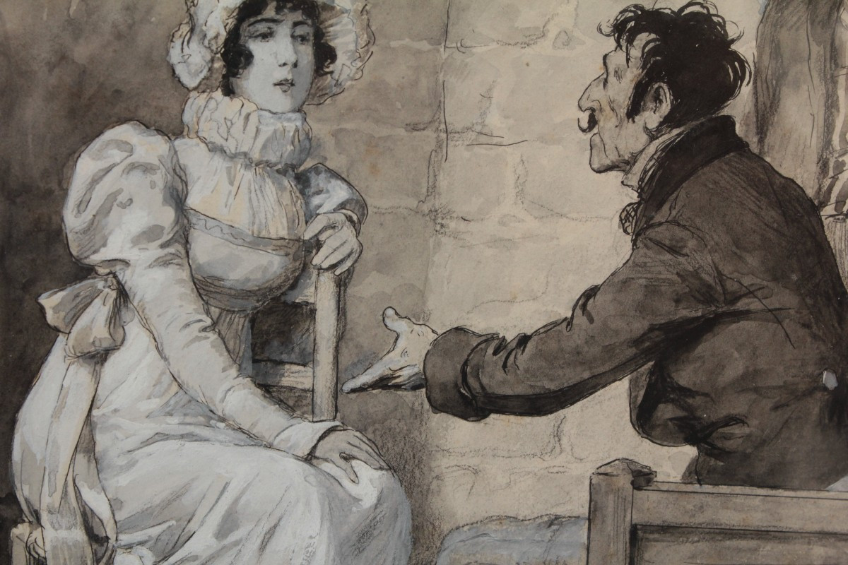 Ink And Gouache Drawing 'the Visit' By Edouard François Zier (1856-1924)-photo-1