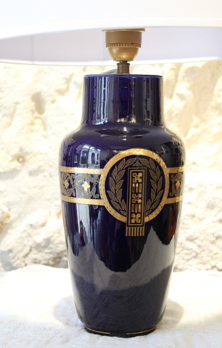 Lampe en faïence bleue avec décor à l'or Sarreguemines entre 1835 et 1900-photo-3
