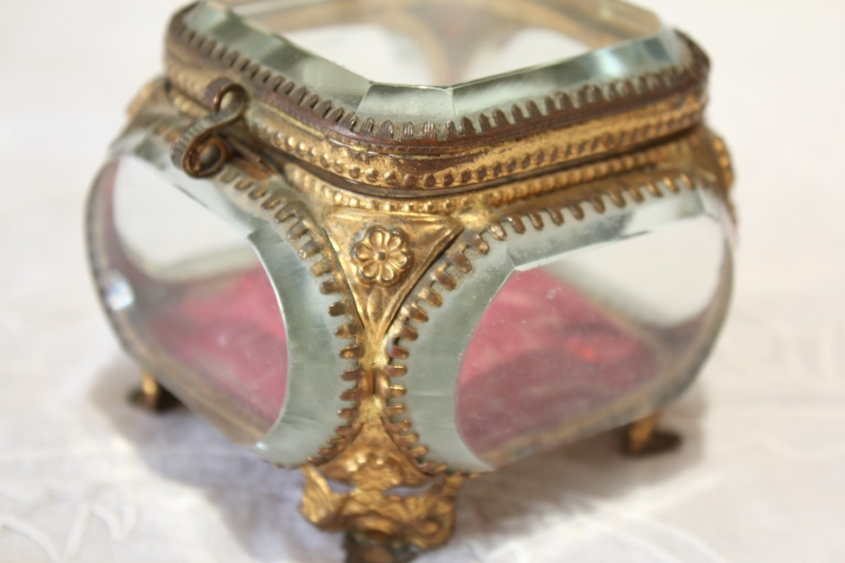 Boîte à bijoux en laiton et verre biseauté Napoléon III fin 19ème siècle-photo-4
