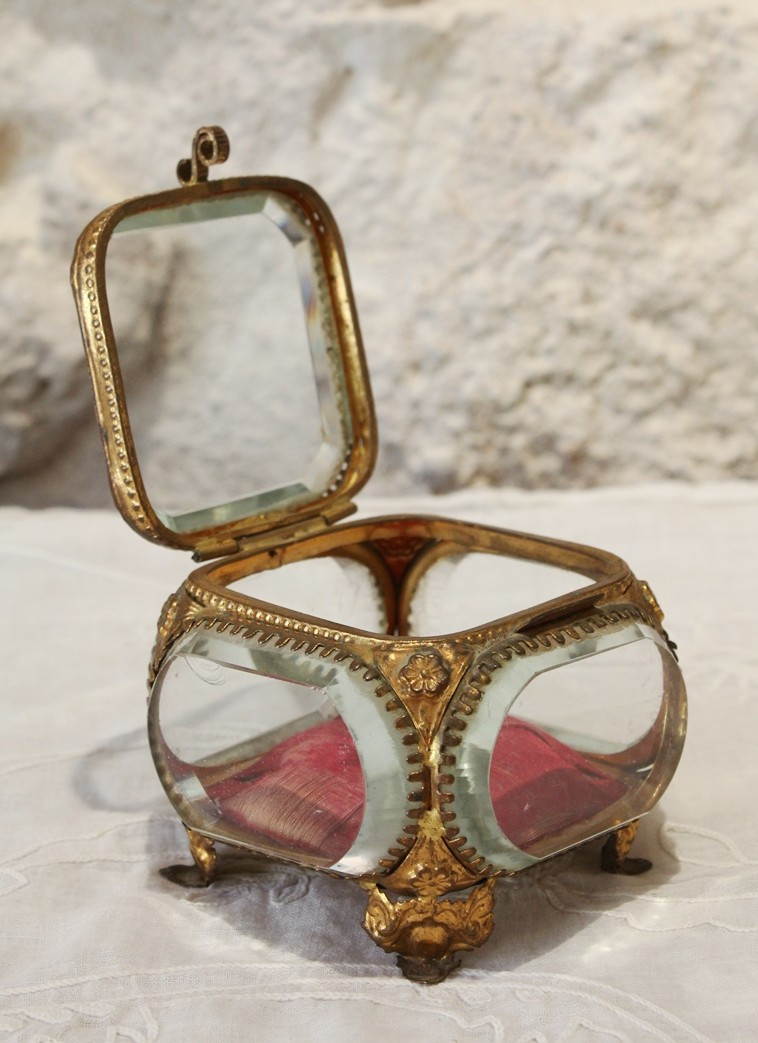 Boîte à bijoux en laiton et verre biseauté Napoléon III fin 19ème siècle-photo-3