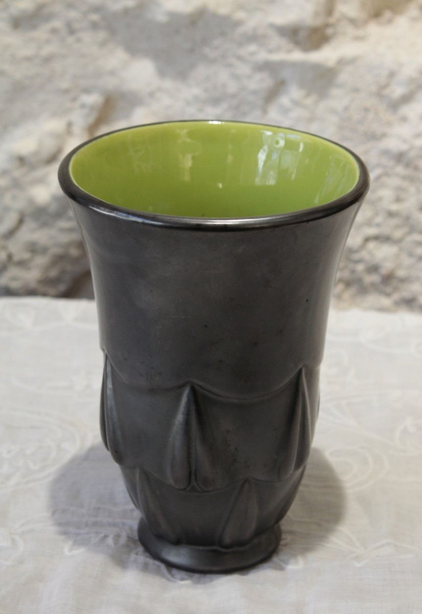 Black And Green Earthenware Vase Blanche Letalle (1901-1990) St Clément Circa 1950-photo-3