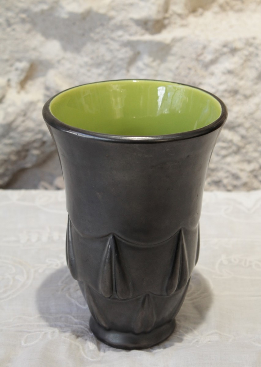 Black And Green Earthenware Vase Blanche Letalle (1901-1990) St Clément Circa 1950