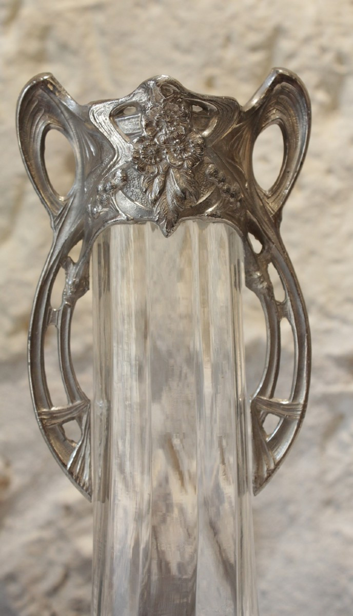 Pair Of Art Nouveau Glass Vases With Silver-plated Metal Mounts, Circa 1900-photo-3