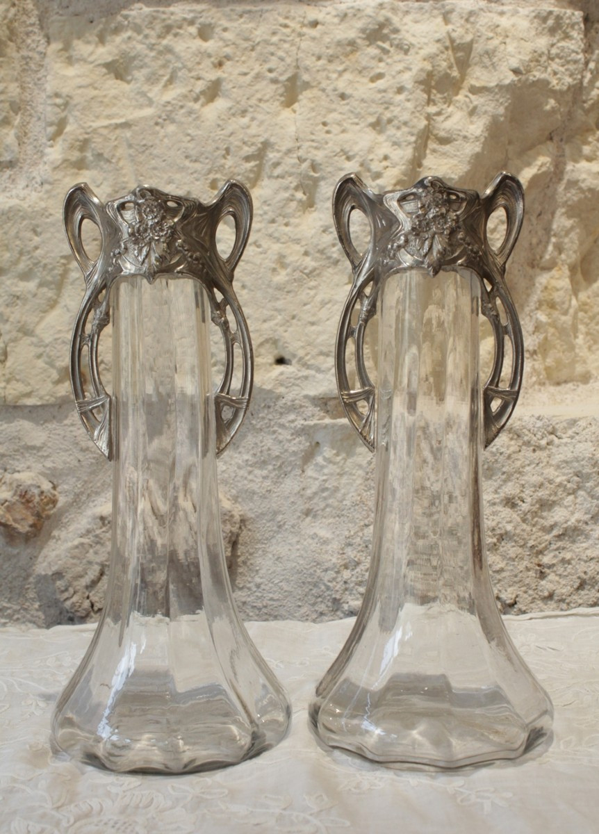 Pair Of Art Nouveau Glass Vases With Silver-plated Metal Mounts, Circa 1900-photo-1