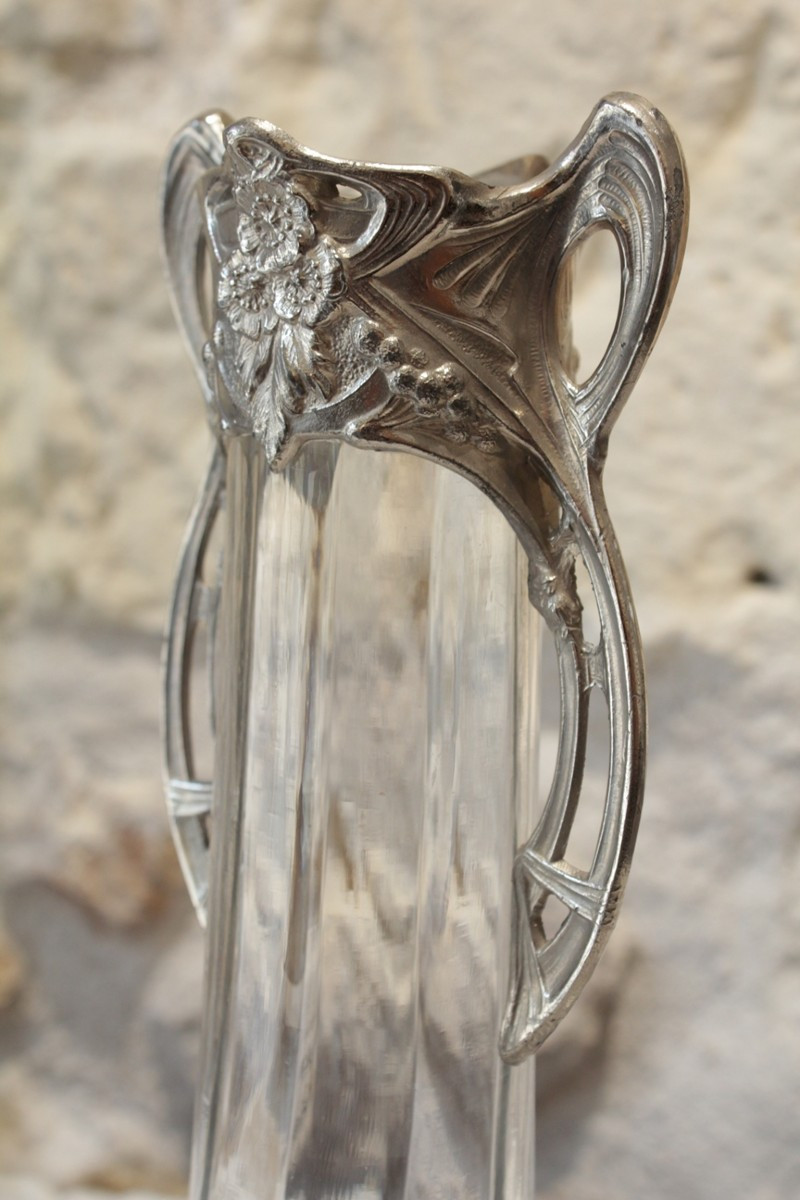 Pair Of Art Nouveau Glass Vases With Silver-plated Metal Mounts, Circa 1900-photo-2